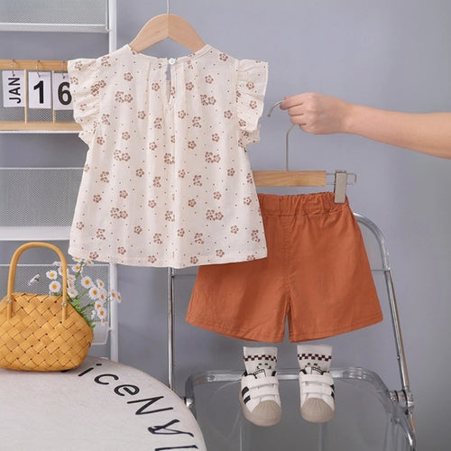 Girls Brown Floral Printed Round Neck Top With Elasticated Shorts Sets 2 pc. Sets
