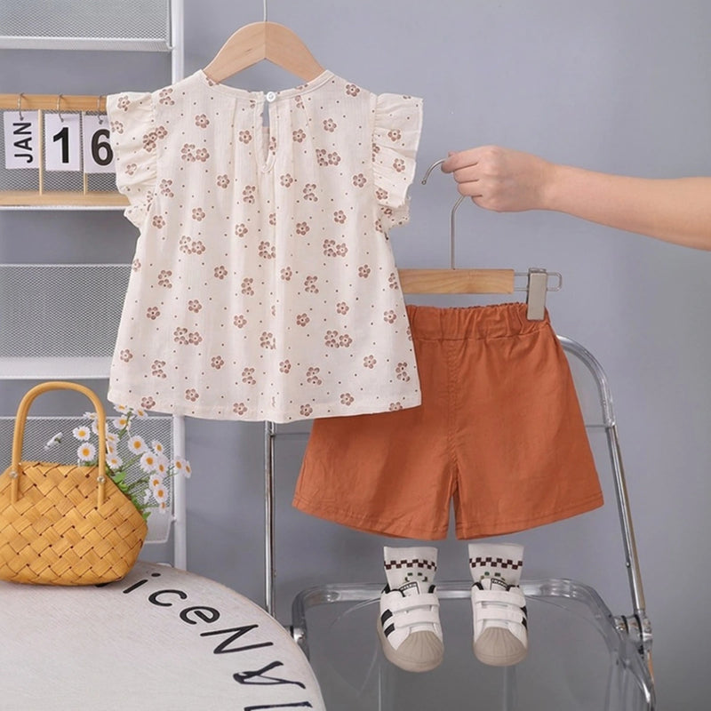 Girls Brown Floral Printed Round Neck Top With Elasticated Shorts Sets 2 pc. Sets
