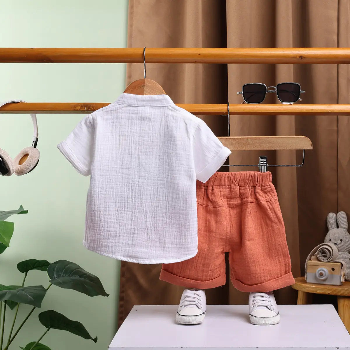 Boys Orange Embroidered Short Sleeve Shirt With Elasticated Shorts Sets 2 pc. Sets