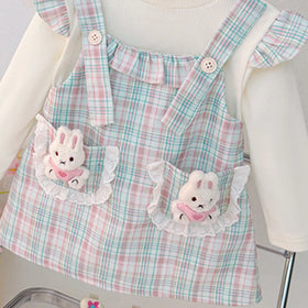 Girls Blue Checked Bunny Applique Round Neck Pinafore Dress Casual Dresses