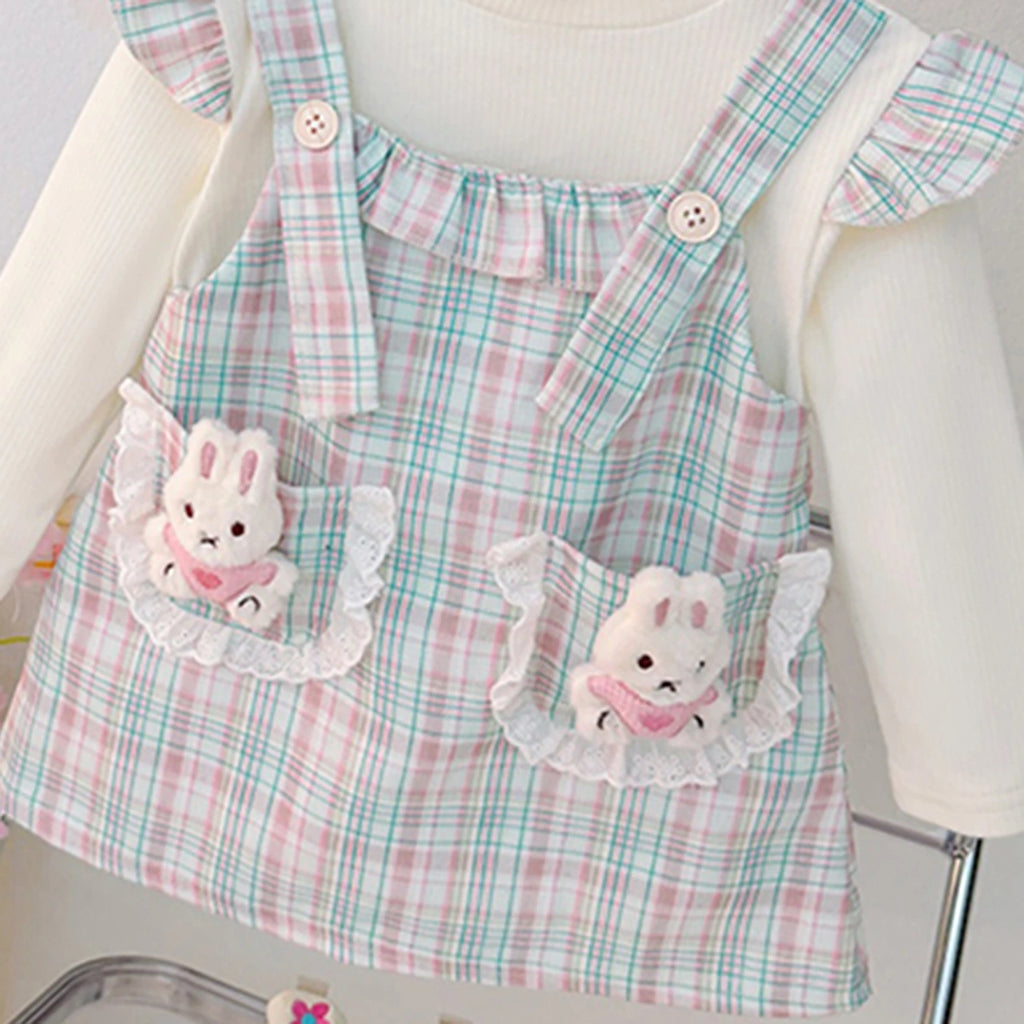Girls Blue Checked Bunny Applique Round Neck Pinafore Dress Casual Dresses