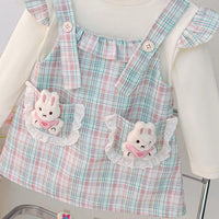 Girls Blue Checked Bunny Applique Round Neck Pinafore Dress Casual Dresses