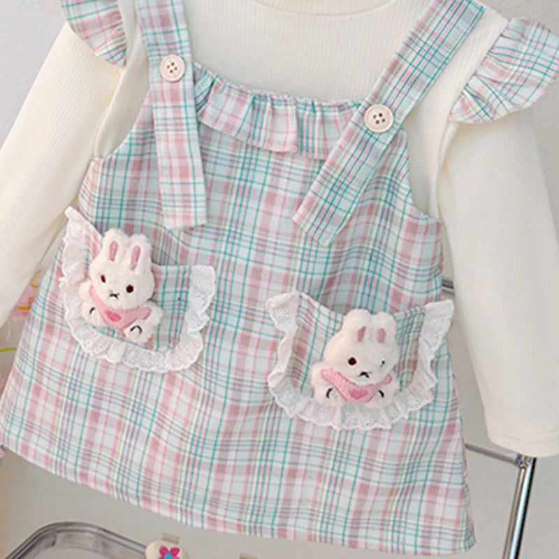 Girls Blue Checked Bunny Applique Round Neck Pinafore Dress Casual Dresses