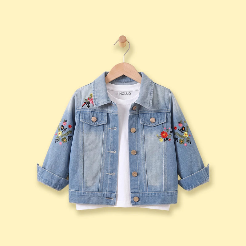 Girls Blue Floral Embroidered Long Sleeve Denim Jacket Coats & Jackets Blue 1-2 Y