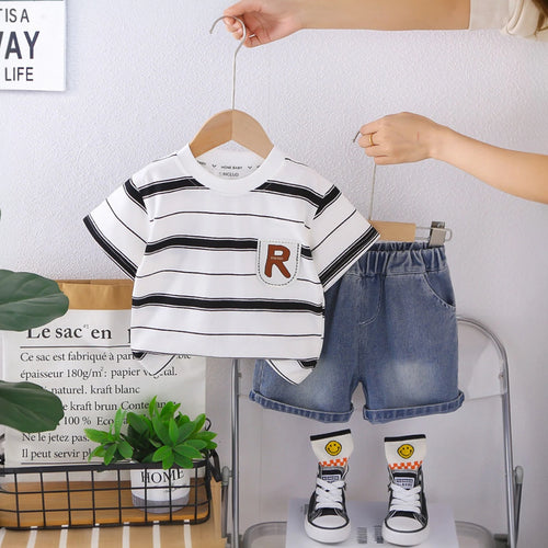 Boys White Stripes Short Sleeves T-Shirt With Denim Shorts Set Sets White 1-2 Y
