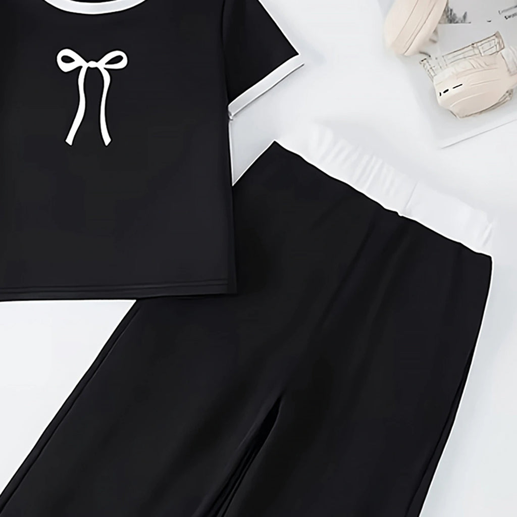 Girls Black Bow Graphic Top With Wide-Leg Pants Sets Sets