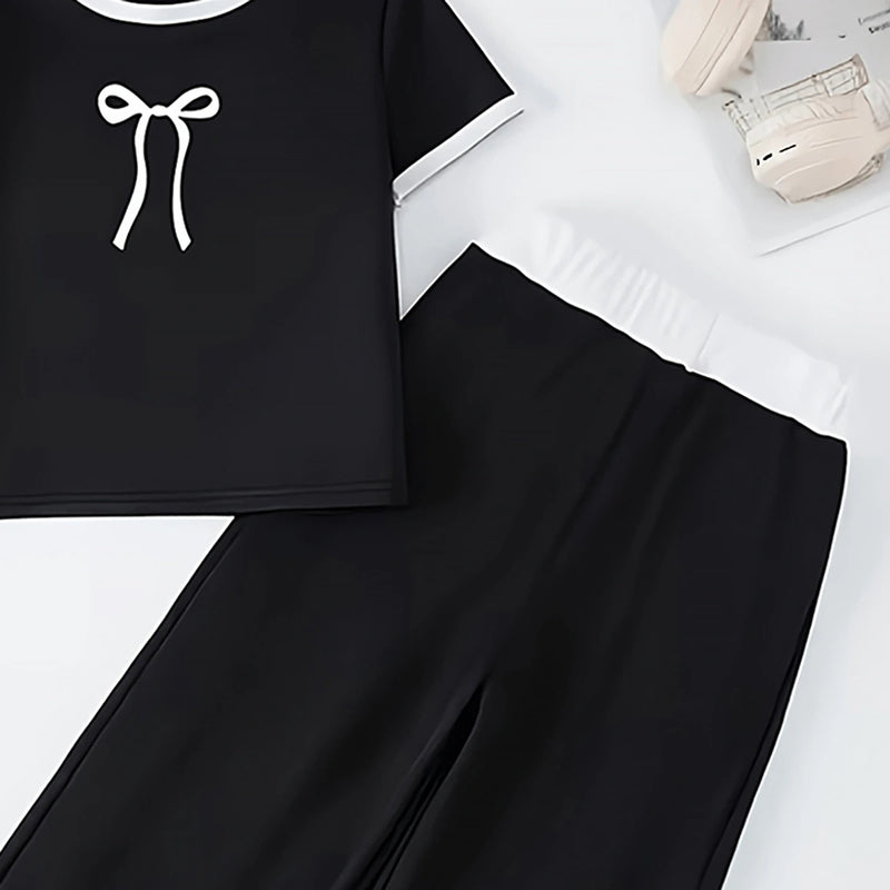 Girls Black Bow Graphic Top With Wide-Leg Pants Sets Sets