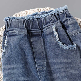 Girls Raw Edge Waist Straight Fit Denim Jeans   