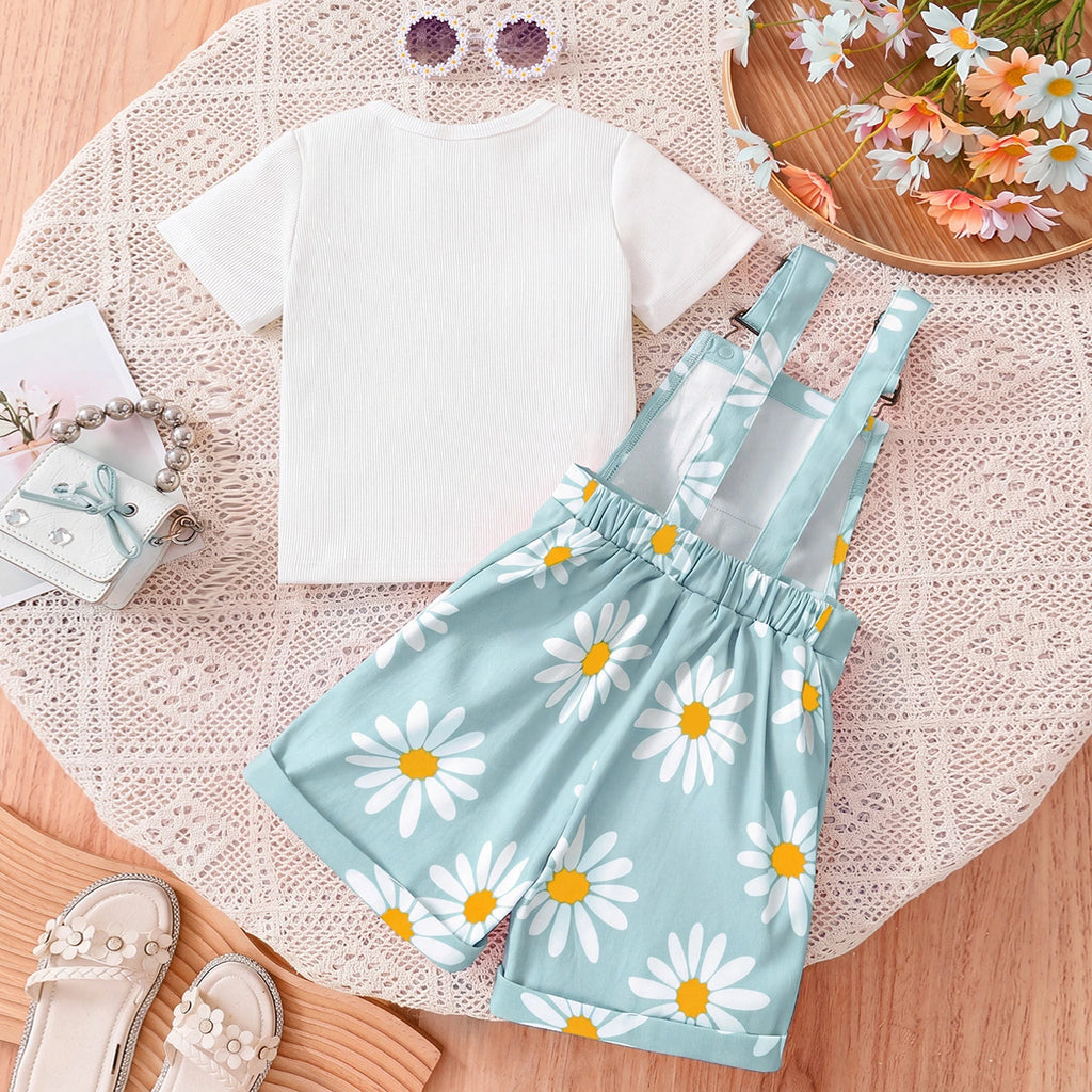 Girls White Short Sleeve Floral Print T-Shirt With Dungaree Sets 2 pc. Sets