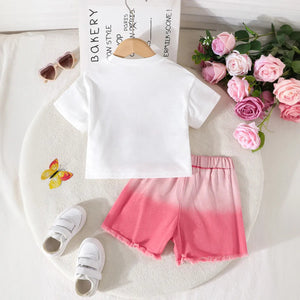 Girls White Butterfly Applique T-Shirt With Ombre Print Shorts Sets Sets