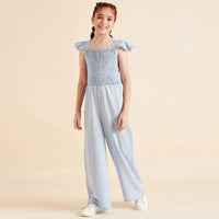 Girls Blue Sleeveless Long Length Jumpsuit With Smocking Jumpsuits