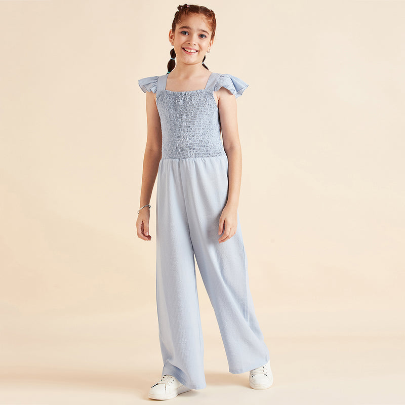 Girls Blue Sleeveless Long Length Jumpsuit With Smocking Jumpsuits