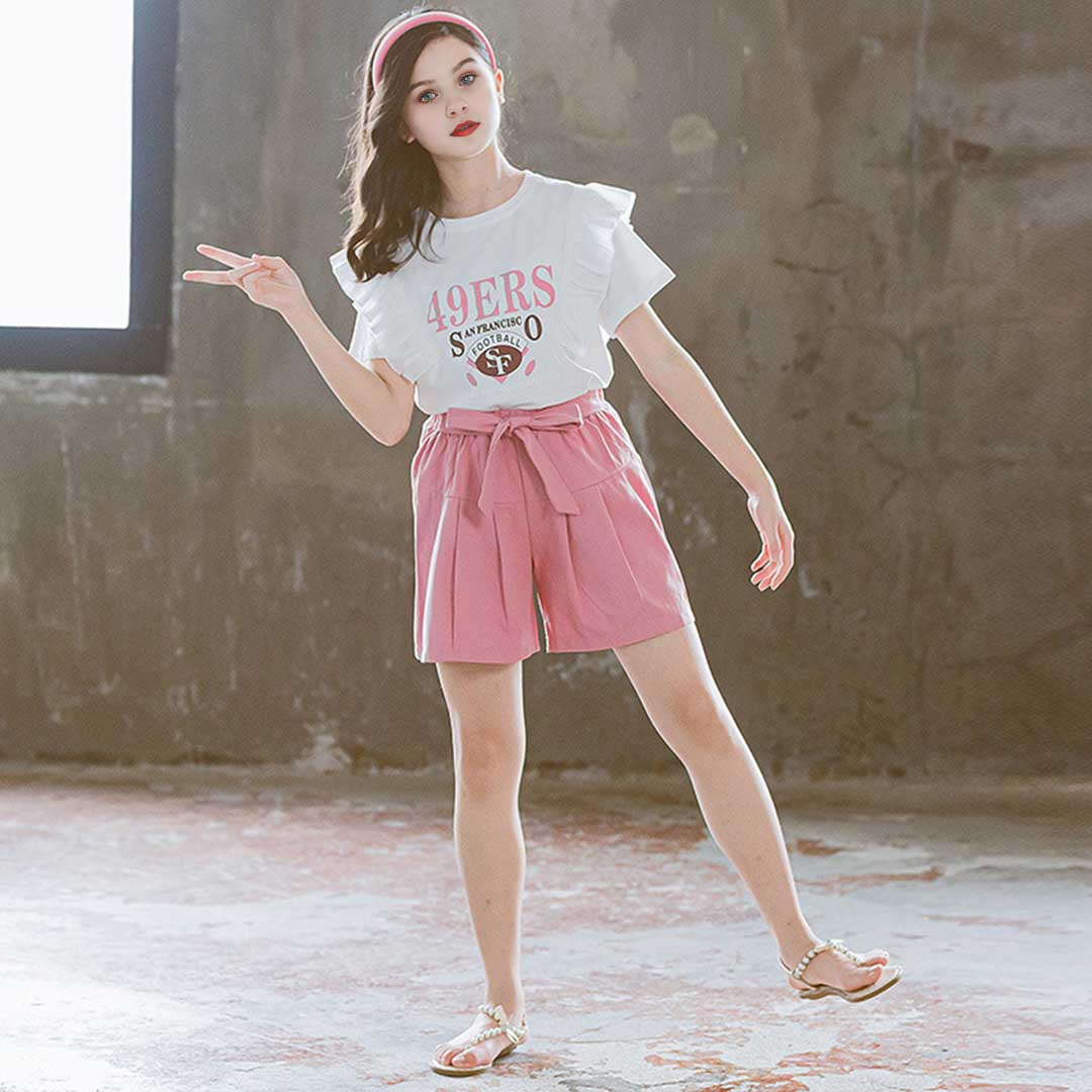 Girls Short Sleeve Printed T-Shirt With Pleated Shorts Set 2 pc. Sets   