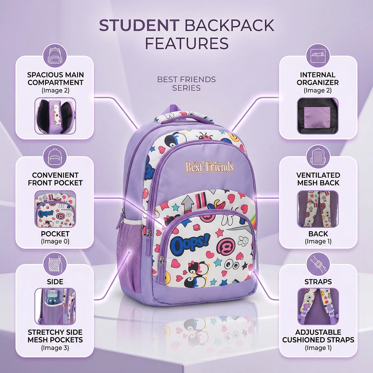 Girls Purple Emoji Print Polyester School Backpack Trending Accessories