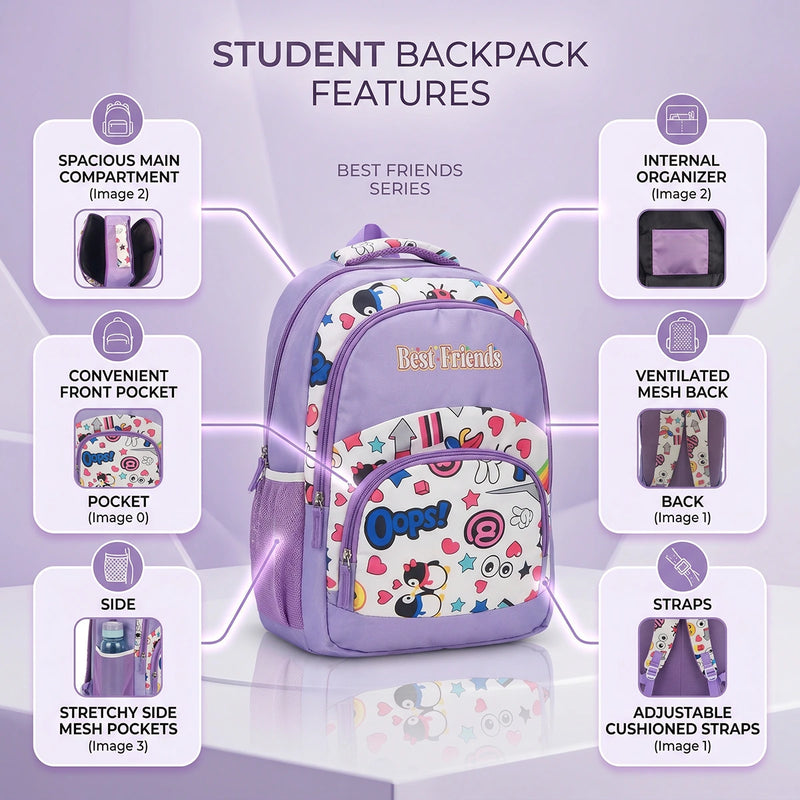 Girls Purple Emoji Print Polyester School Backpack Trending Accessories