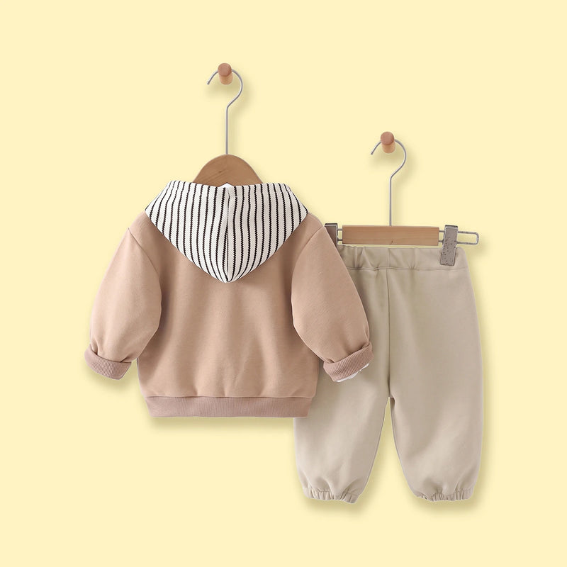 Boys Khaki Typographic Jacket With Hooded Sweatshirt & Joggers Sets Sets