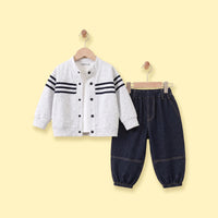 Boys Light Grey Striped Jacket With Denim Pants Sets Sets Light Grey 1-2 Y
