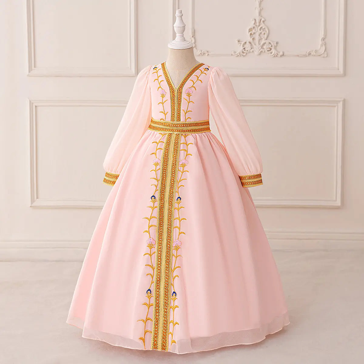 Girls Pink Embroidered Fit & Flare Dress With Long Sleeves Casual Dresses