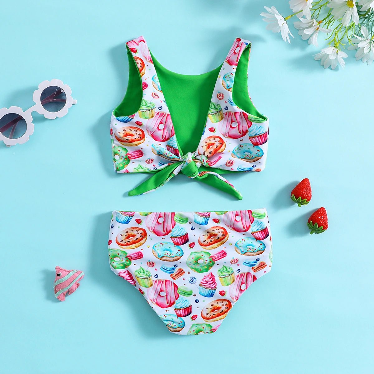 Girls White Graphics Sleeveless Top With Briefs Swimwear Sets Sets
