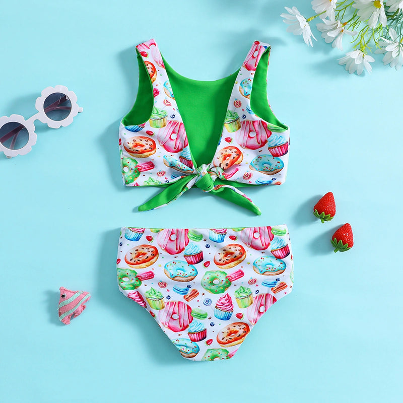 Girls White Graphics Sleeveless Top With Briefs Swimwear Sets Sets