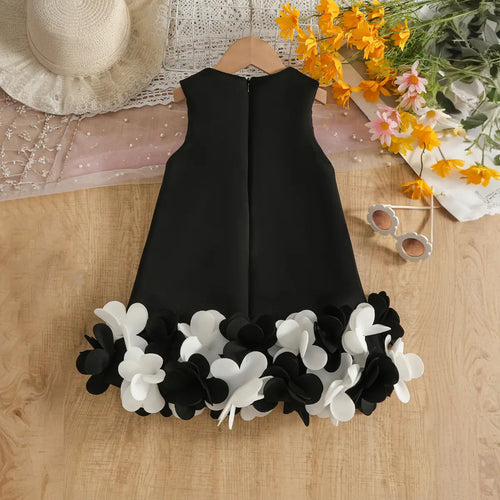 Girls Black Sleeveless A-line Party Wear Dress With Floral Applique Party Dresses