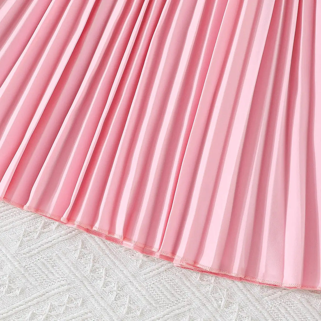Girls Pink Flower Applique Short Sleeves Top With Pleated Skirts Co-ord Sets Sets
