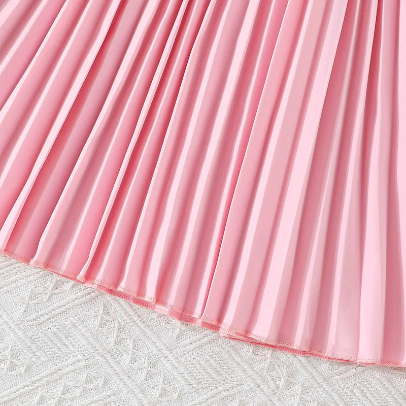 Girls Pink Flower Applique Short Sleeves Top With Pleated Skirts Co-ord Sets Sets