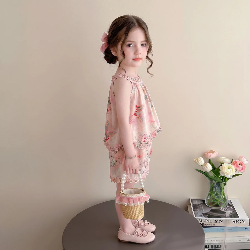 Girls Pink Floral Print Sleeveless Top With Shorts Sets 2 pc. Sets