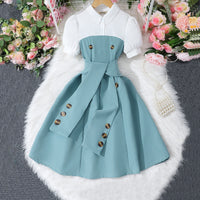 Girls Teal Polo Neck Flared Dress with Wide Belt Casual Dresses Teal 7-8 Y