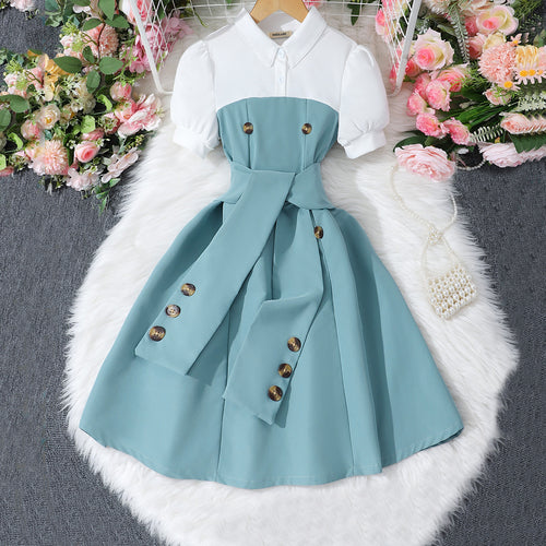 Girls Teal Polo Neck Flared Dress with Wide Belt Casual Dresses Teal 7-8 Y