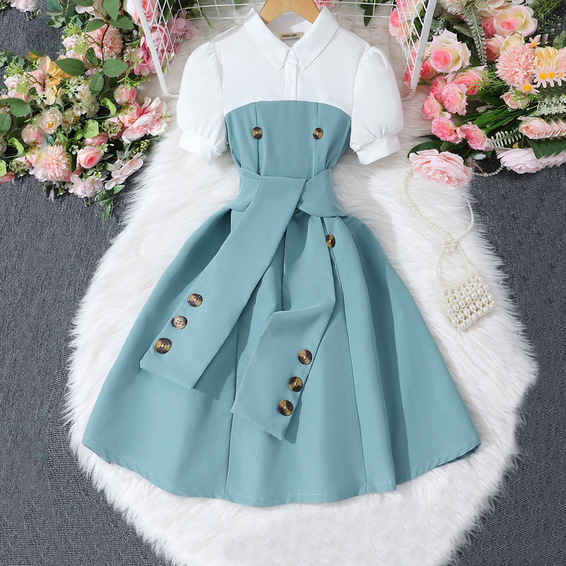 Girls Teal Polo Neck Flared Dress with Wide Belt Casual Dresses Teal 7-8 Y