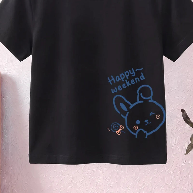 Girls Black Short Sleeve Happy Weekend Typography Print T-Shirt Tshirts