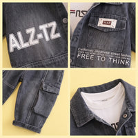 Boys Dark Grey Denim Shacket & Cargo Pants With T-Shirt Sets Sets