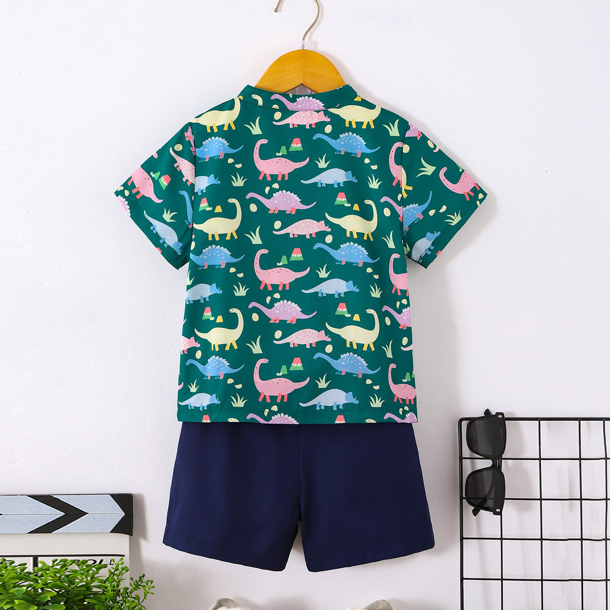 Boys Green Dinosaur Printed Shirt With Shorts Set 2 pc. Sets