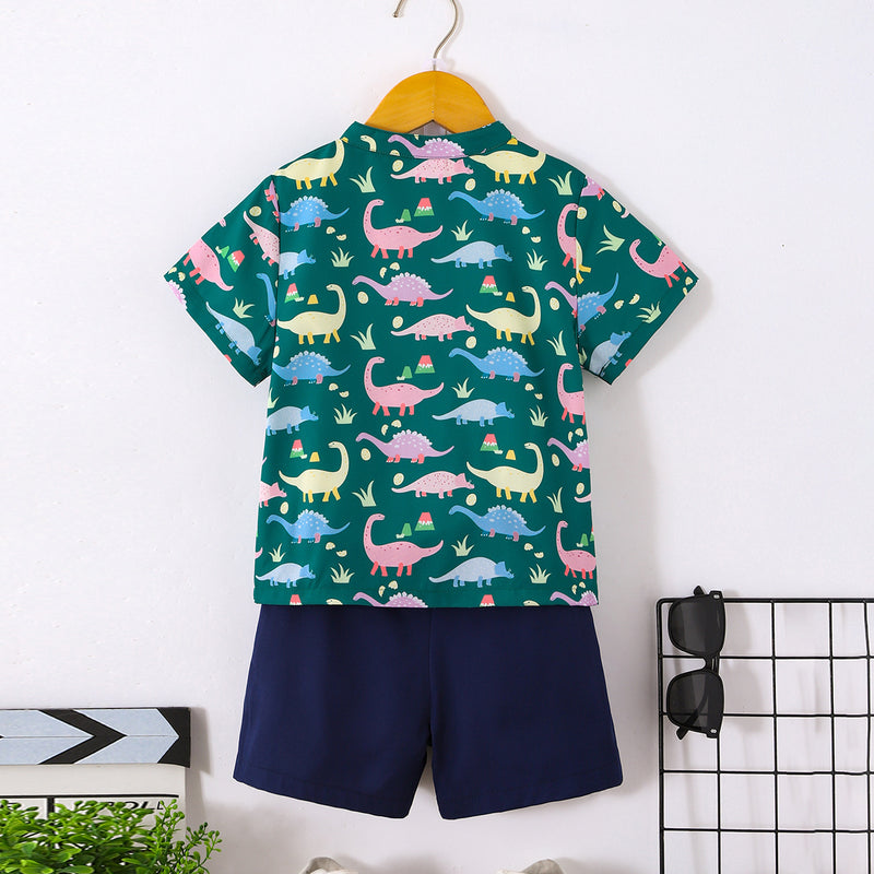 Boys Green Dinosaur Printed Shirt With Shorts Set 2 pc. Sets