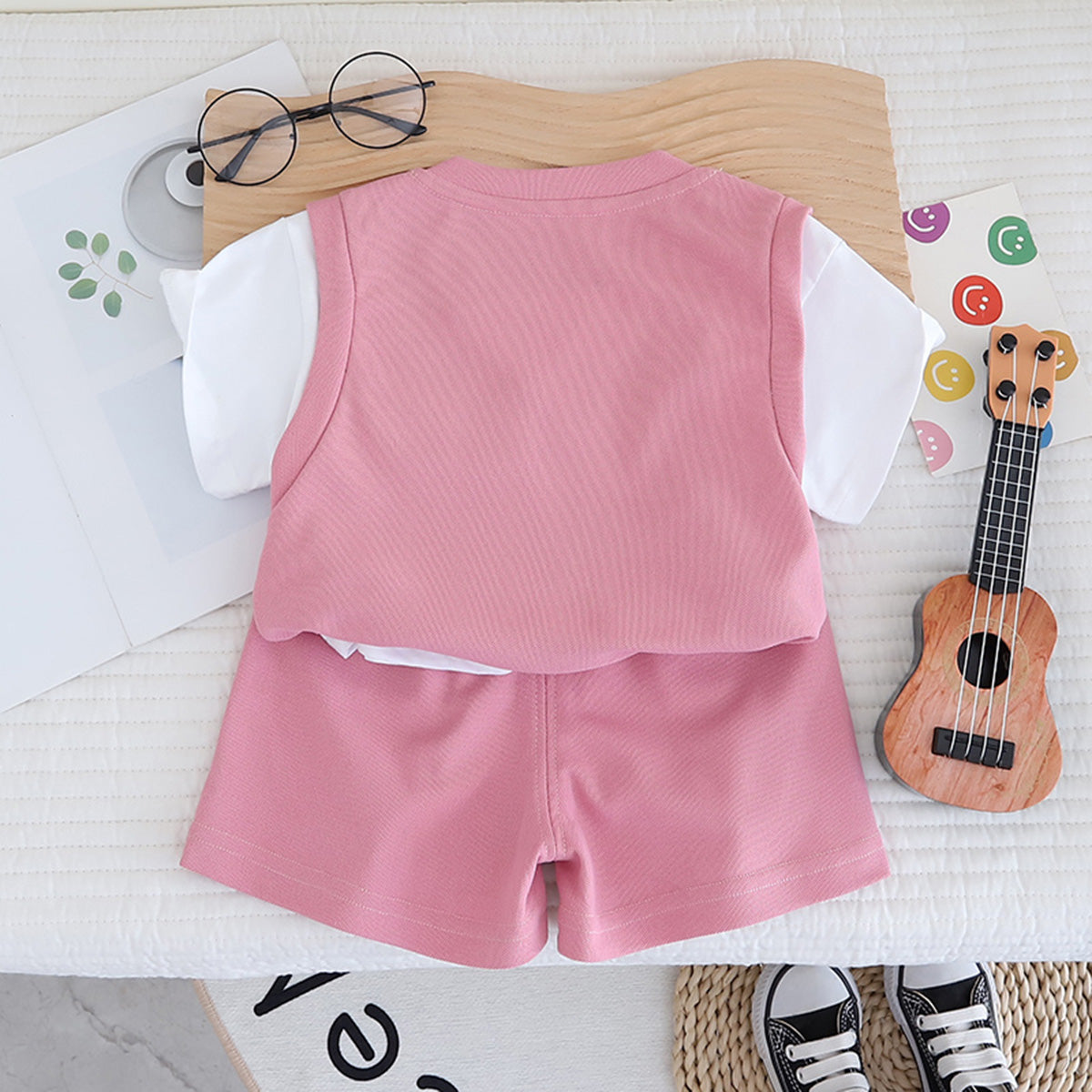 Boys Pink V-Neck Short Sleeve T-Shirt With Elasticated Shorts Set Sets