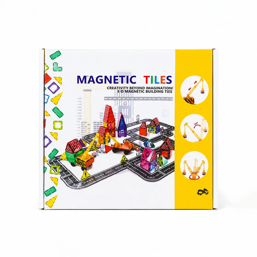 Multicolour 3D Magnetic Tiles Construction Vehicle Set with Road Tracks Trending Accessories Multicolor Onesize