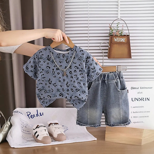 Boys Blue Leopard Distressed Print T-Shirt With Denim Shorts Sets Sets Blue 1-2 Y