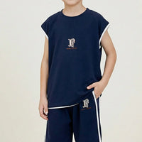 Boys Navy Blue Typographic Print Sleeveless T-Shirt With Shorts Co-ord Sets Sets