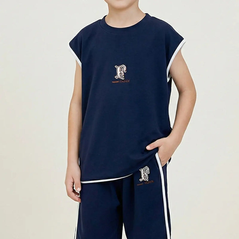 Boys Navy Blue Typographic Print Sleeveless T-Shirt With Shorts Co-ord Sets Sets