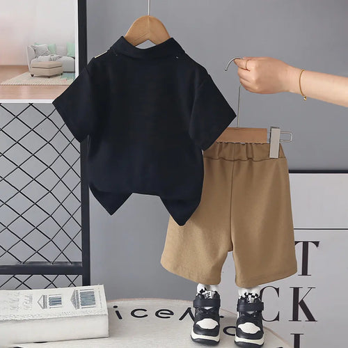 Boys Brown Colourblocked Polo T-Shirt With Shorts Sets Sets