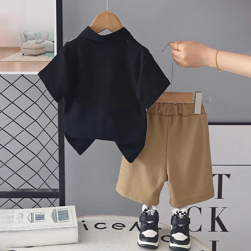 Boys Brown Colourblocked Polo T-Shirt With Shorts Sets Sets