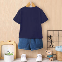 Boys Navy Blue Dinosaur Graphic Short Sleeves Round Neck T-Shirt Tshirts
