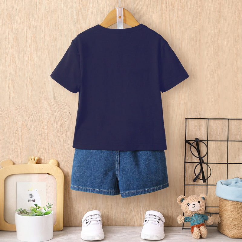 Boys Navy Blue Dinosaur Graphic Short Sleeves Round Neck T-Shirt Tshirts