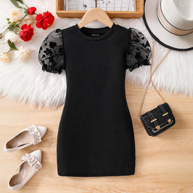 Girls Black Puff Sleeve Ribbed Bodycon Dress Casual Dresses Black 3-4 Y