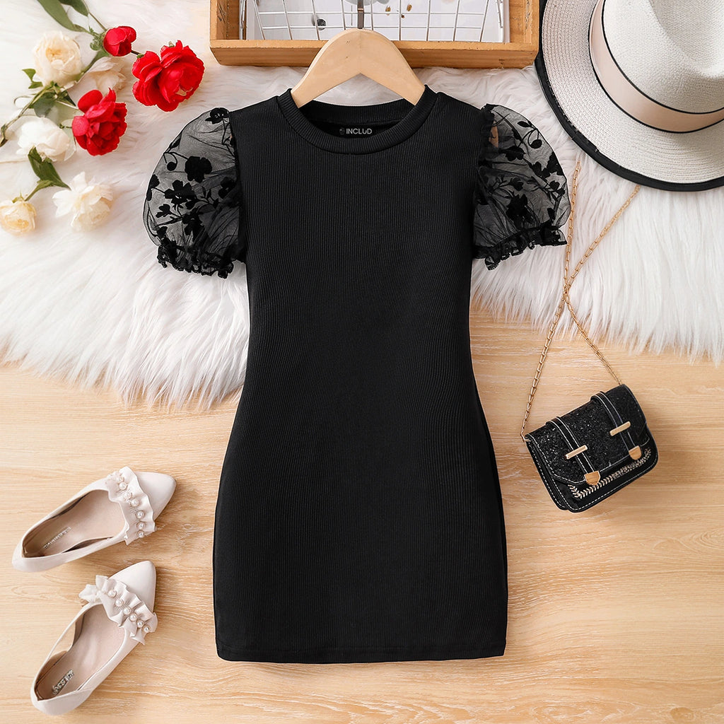 Girls Black Puff Sleeve Ribbed Bodycon Dress Casual Dresses Black 3-4 Y