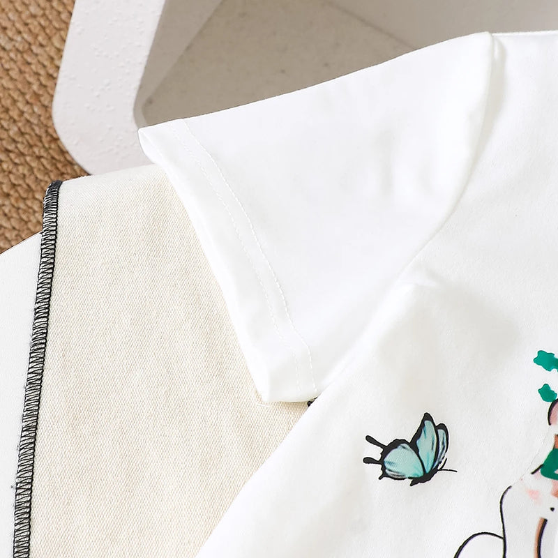 Girls White Butterfly Print Short Sleeve T-Shirt With Pants Sets 2 pc. Sets