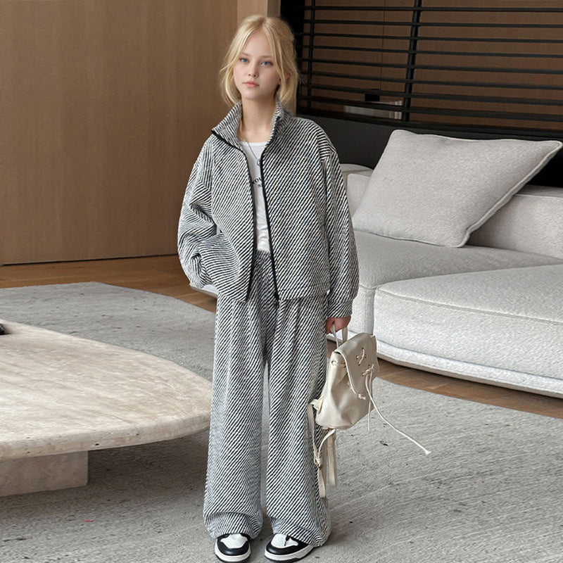 Girls Black Diagonal Stripes Front Zipper Jacket With Pants Winter Co-ord Set 2 pc. Sets Black 5-6 Y