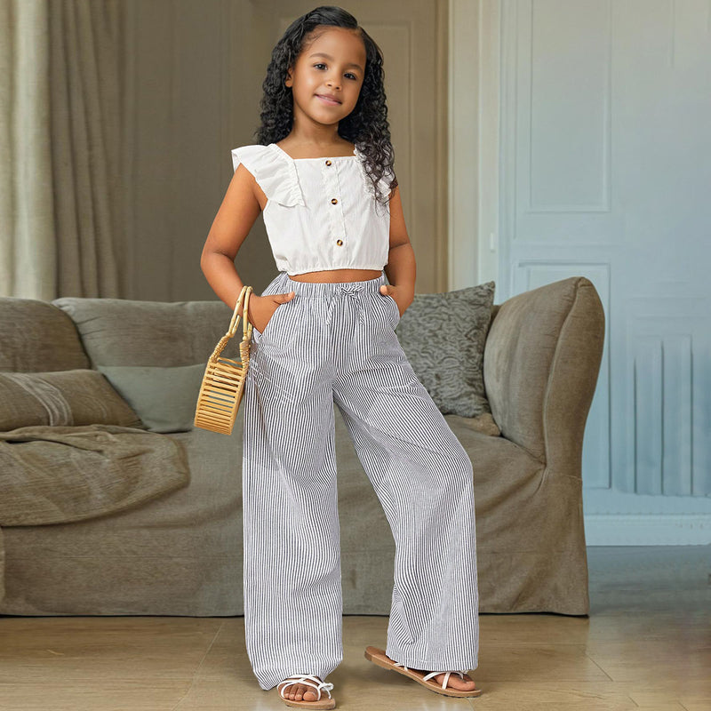 Girls Blue Striped Straight Legs Pants Pants