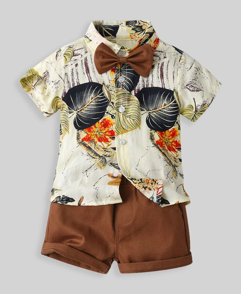 Boys Brown Leaf Print Shirt With Solid Shorts Casual Clothing Sets Sets Style 6 1-2 Y 